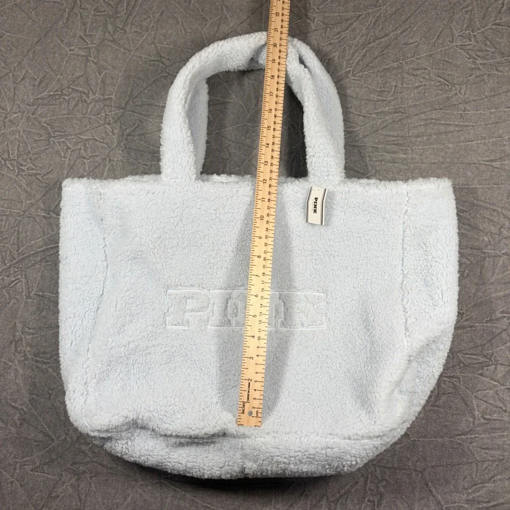 PINK Tote Bag Women One Size Blue Sherpa Fleece Logo Teddy Zip Shoulder Bag